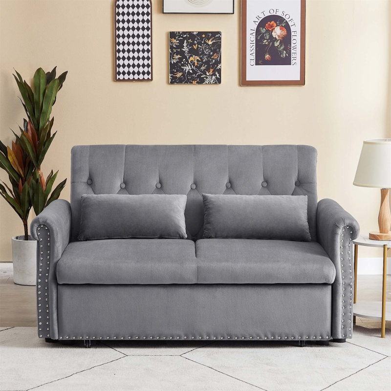 Velvet Convertible Loveseat Sleeper Sofa with 2 Lumbar Pillows House of Hampton Upholstery Color Gray